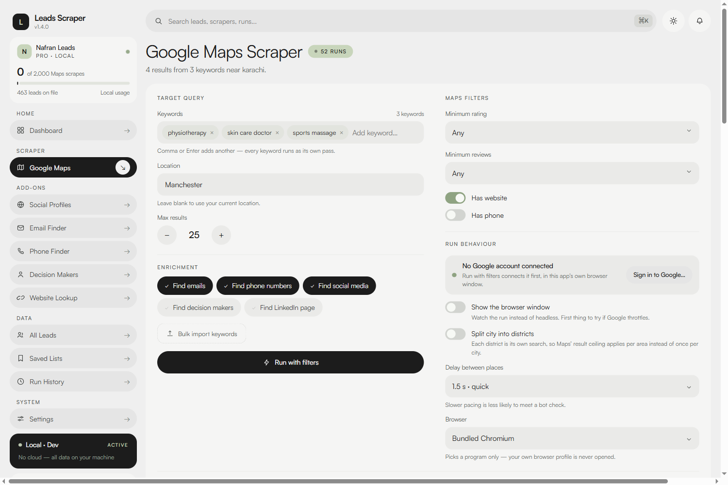 Latest light-mode Google Maps Scraper page with keywords, location and filters